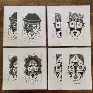 BALI FACES- Original Linocut Print, Bali Inspired, Funky Face, Abstract Faces, Lino Print, A5 Print, Hand Printed, Block Print, Abstract Art