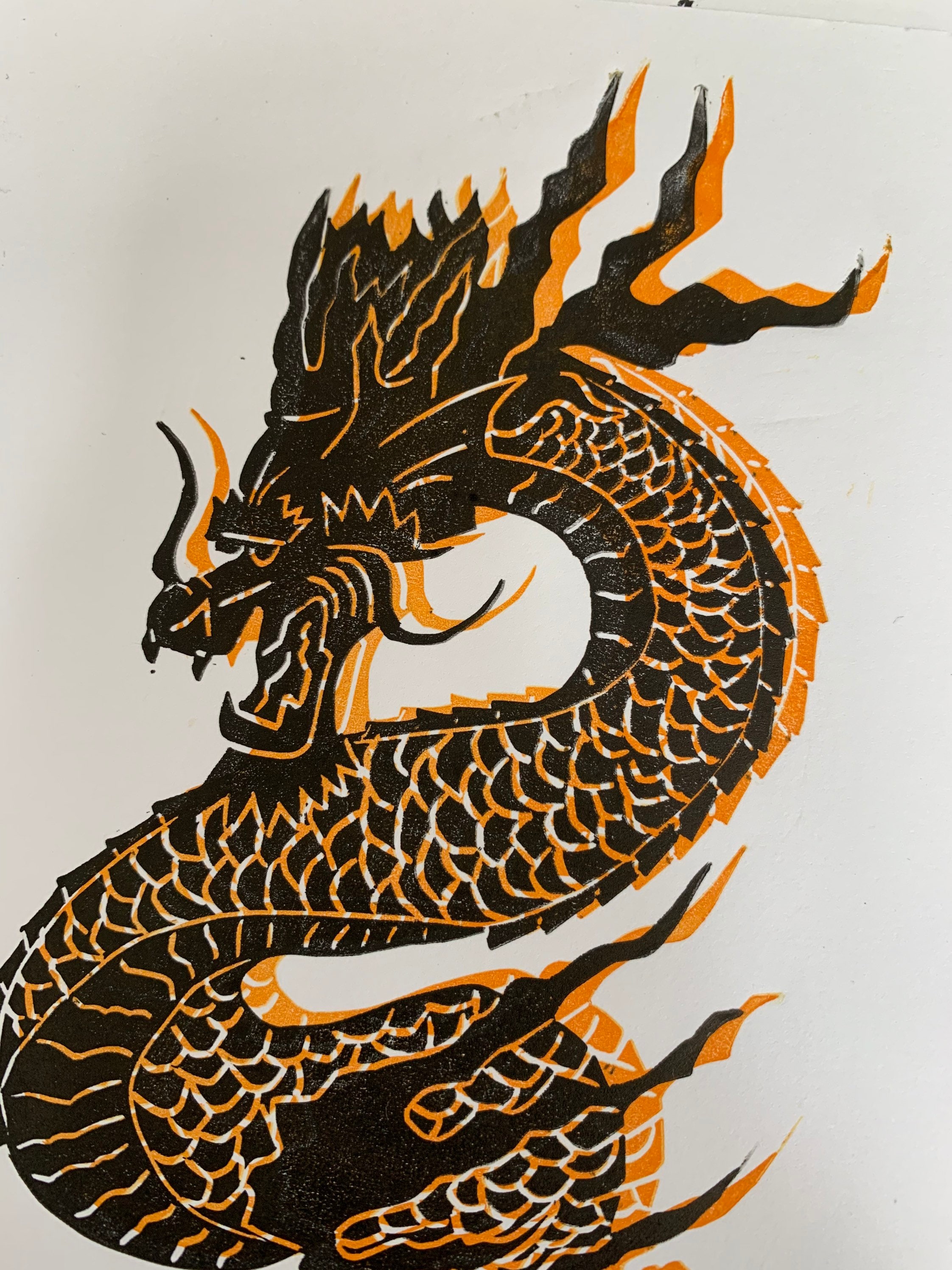 AQUA A5 Original Linocut Print, Dragon Print, Lino Print, A5 Print