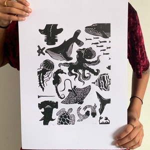 P. SHERMAN A3- Original Linocut Print, Lino Print, Underwater Sea Creatures Print, A3 Print, Block Print, Relief Print, Handprinted Art