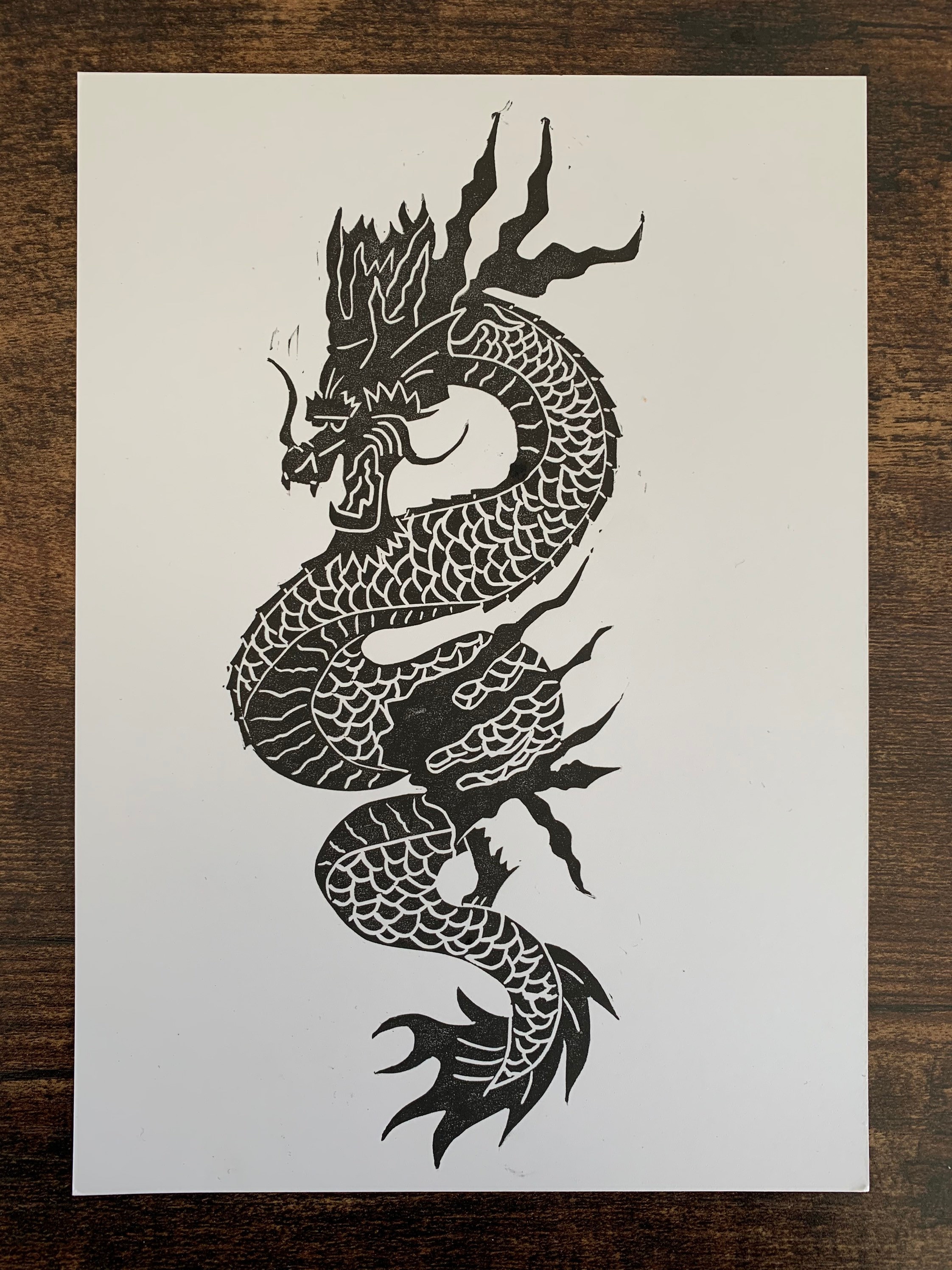 AQUA A5 Original Linocut Print, Dragon Print, Lino Print, A5 Print