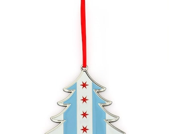 City of Chicago Flag Tree Shaped Metal Christmas Ornament
