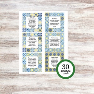 May include: Thirty printable scripture cards with blue, yellow, and white patterned backgrounds. Each card features a different bible verse in white text.