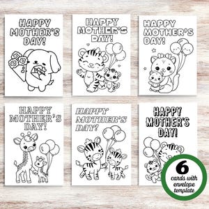 6 biglietti da colorare per la festa della mamma, biglietti stampabili per la festa della mamma, biglietti fai da te per la festa della mamma da colorare per bambini, modello per biglietto 5x7 con busta