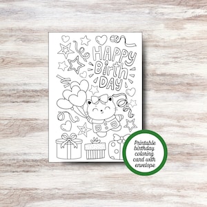Printable Birthday Coloring Card, Happy Birthday Coloring Card, Kids Coloring Card, 5" x 7" Birthday Card with Envelope,  Instant Download