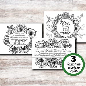 Tarjetas para colorear de las Sagradas Escrituras, tarjetas con flores en blanco y negro, tarjetas con versículos bíblicos de la alegría, tarjetas para hacer tú mismo, tarjetas para colorear, tarjetas imprimibles de 7 x 5 con sobre, PDF