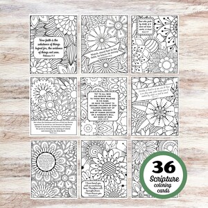 Pacote com 36 cartões para colorir com escrituras para imprimir, cartões com versículos bíblicos florais, colorir para adultos cristãos, versículos bíblicos inspiradores para colorir, PDF