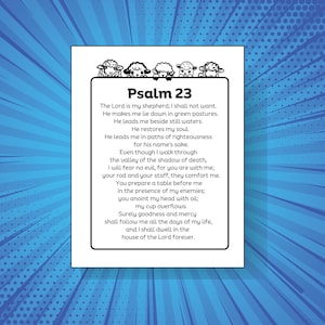 Op de afbeelding: Zwart-witte illustratie van Psalm 23, een passage uit de Bijbel, met een rand van cartoon-schapen. De tekst luidt: "De HEERE is mijn herder, mij zal niets ontbreken. Hij doet mij neerliggen in groene weiden, Hij leidt mij aan stille wateren. Hij verkwikt mijn ziel. Hij leidt mij op de paden der gerechtigheid, om zijnsnaams wil.  Al wandel ik ook door een donker dal, ik vrees geen kwaad, want U bent bij mij; Uw stok en Uw staf, die vertroosten mij. U dekt voor mij een tafel, in het aangezicht van mijn vijanden; U zalft mijn hoofd met olie, mijn beker vloeit over. Ja, goedheid en trouw zullen mij volgen al de dagen van mijn leven, en ik zal in het huis des HEEREN wonen tot in eeuwigheid."