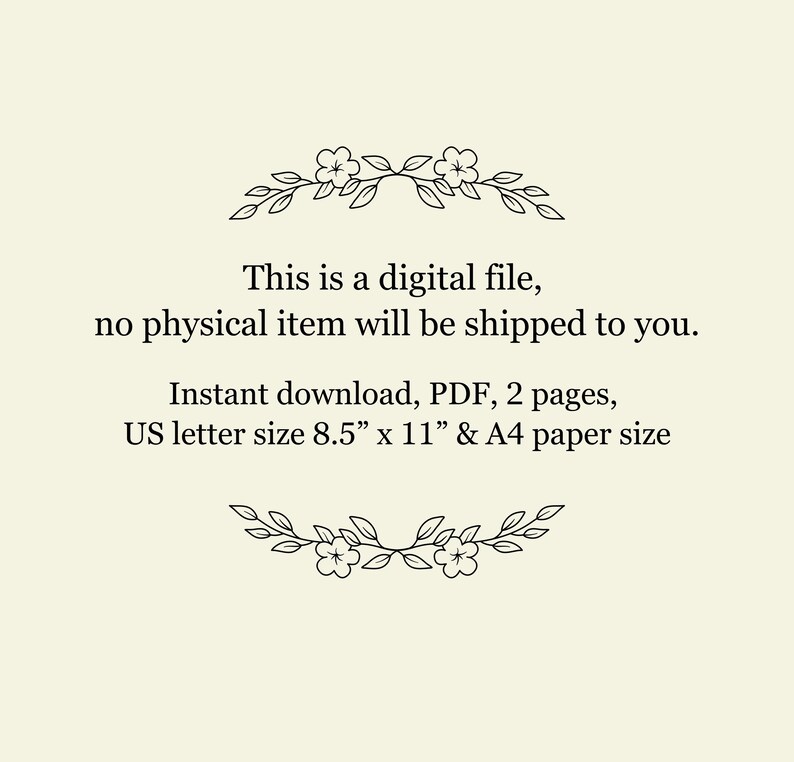 Op de afbeelding: Dit is een digitaal bestand, er wordt geen fysiek item naar u verzonden. Direct downloaden, PDF, 2 pagina's, US letter formaat 8,5" x 11" & A4 papierformaat.
