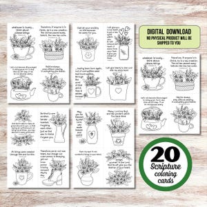May include: Twenty black and white coloring cards featuring floral designs and inspirational bible verses. The cards are perfect for adults and children who enjoy coloring and faith-based activities.