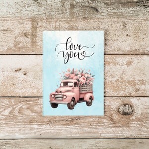 Tarjeta de aniversario imprimible, tarjeta de San Valentín, tarjeta de camión rosa, tarjeta de cumpleaños imprimible, tarjeta de 5" x 7" con plantilla de sobre, descarga instantánea