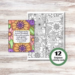 12 tarjetas para colorear de las Escrituras, tarjetas con versículos bíblicos para colorear, tarjetas cristianas para adultos, tarjetas para la escuela dominical, flores para colorear, PDF