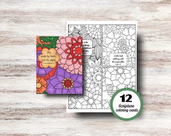 Afdrukbare kleurkaarten voor de Schrift, 12 kaarten met bijbelteksten om in te kleuren, bijbelkaarten met bloemen, bijbelverzen geloof, christelijke kleurkaart pdf voor volwassenen