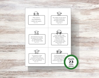 Psalm 23 schriftkaarten, afdrukbare Psalm 23 bijbelteksten, kleurkaarten voor kinderen, zondagsschoolactiviteit, The Lord Is My Shepherd, pdf