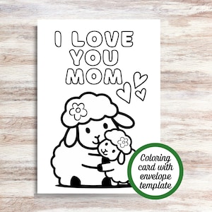 Biglietto da colorare per la mamma, biglietto stampabile "Ti amo mamma", biglietti fai da te per la festa della mamma da colorare per bambini, modello di biglietto 5x7 con busta, PDF