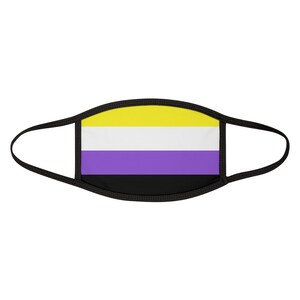 May include: A black face mask featuring a yellow, white, purple, and black horizontal striped design. The mask is made from a soft, breathable fabric and is designed for comfortable wear.