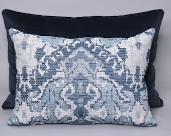Handmade Large Waverly Prussian Lumbar Pillow Sham White Light Dark Chambray Blue Chenille Jacquard Slate Velvet Cover 14”x20” READY TO SHIP