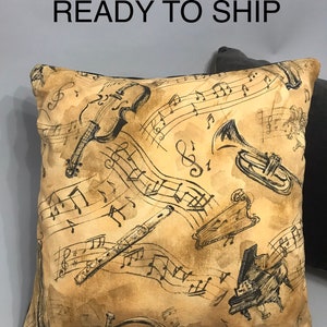 Music Throw Pillow Sham Cover  18”x18” horn piano violin flute mandolin clef harp notes parchment graphite velvet antique vibe READY TO SHIP
