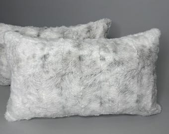 Super SOFT Snow Leopard White Gray Brown PLUSH Faux Fur Reversible Accent Pillow Sham Cover 12x20 Unique Modern Elegant Quality Ready 2 Ship