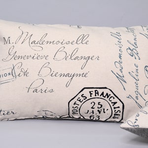 May include: Two decorative throw pillows with a cream-colored fabric background and blue text. The text on the pillows reads "M. Mademoiselle Genevieve Belanger Cite Bienayme Paris" and "Mademoiselle Jacqueline Blanche Dames Monts". One pillow has a blue stamp that reads "Postes Francaises 25 Janv. 63".