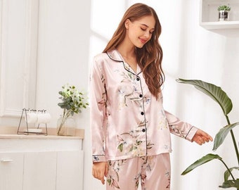 ROSE personalised satin pyjamas,floral print pyjamas,wedding pyjamas,long legged pjs,botanical pyjamas,birthday gift for her,sleepover pjs