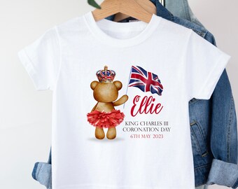 King Charles Coronation Day Children’s T-Shirt, Personalised, Royal Bear, Union Jack, Queen, Crown, Royal Family, personalised kids Tee