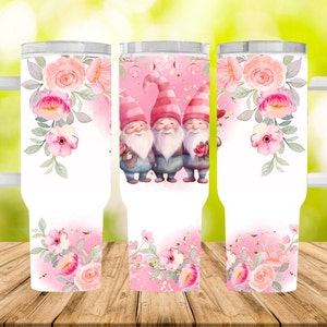 Watercolor gnomes holding hearts 40oz Quencher Tumbler Wrap – Sublimation Seamless PNG Design