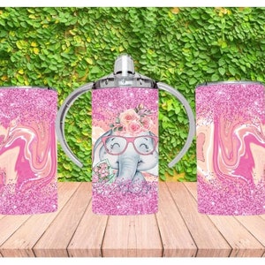 12 Oz Baby Sippy Cup,pink  glitter elephant Straight Sippy Cup Sublimation,Kids Tumbler Design PNG,Instant Digital Download