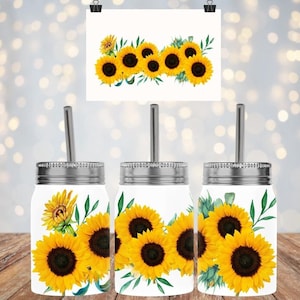 Diseño de girasoles 17 oz Mason Jar Tumbler, Plantilla de diseño de sublimación Descarga instantánea digital PNG