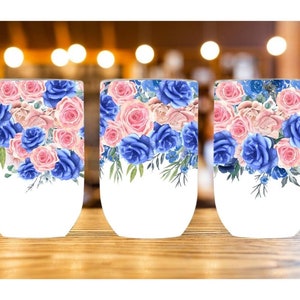 Pink Blue Roses Wine tumbler wrap png,Straight Wine Tumbler Sublimation Design,Digital Instant Download PNG