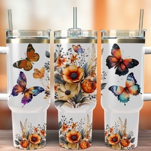 butterflies Colorfull floral,40oz Quencher Tumbler Wrap,Sublimation Designs Downloads PNG