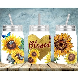 Sunflower Blessed Heart,17 oz Mason Jar Tumbler,Sublimation Design Template,Digital Instant Download PNG