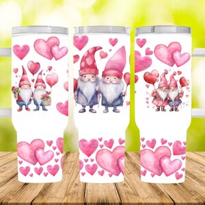 Watercolor gnomes holding hearts 40oz Quencher Tumbler Wrap – Sublimation Seamless PNG Design