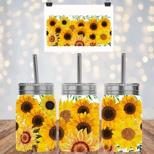 Diseño de girasoles, 17 oz Mason Jar Tumbler Sublimation Design Template Digital Instant Download PNG
