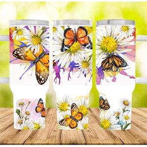 White daisy butterflies 40 oz Tumbler Png,40oz Tumbler Wrap Sublimation,Seamless PNG Tumbler Design