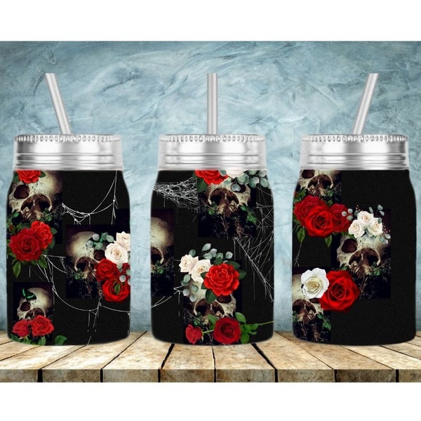 Skulls with flowers, cobwebs and bats,17 oz Mason Jar Tumbler,Sublimation Design Template,Digital Instant Download PNG
