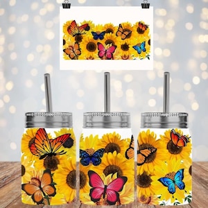 Diseño de mariposas de girasoles, 17 oz Mason Jar Tumbler Sublimation Design Template Digital Instant Download PNG