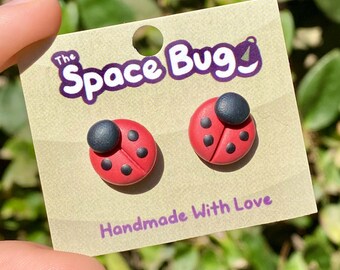 May include: A pair of ladybug earrings on a card that says "The Space Bug" and "Handmade With Love".