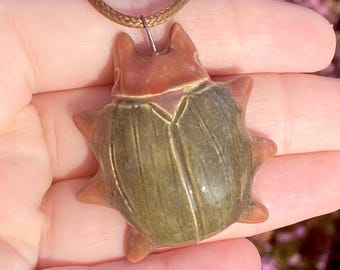 Ceramic Beetle Necklace || Handcrafted Clay Bug Pendant, Renaissance Faire, Green Scarab, Cottagecore Jewelry, Realistic Insect Accessory