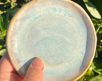 May include: A small, round ceramic plate with a light blue and white glaze. The plate has a slightly raised edge with a golden-brown rim. The plate is held in a hand against a background of green leaves.