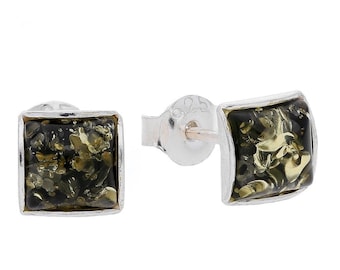 Earrings Silver and Green Baltic Amber Square Stud 5mm