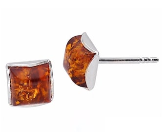 Earrings Silver and Cognac Baltic Amber Square Stud 5mm