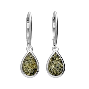 Earrings Silver and Green Baltic Amber Tear