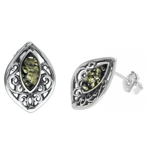 Earrings Silver and Green Amber Stud Vintage Style