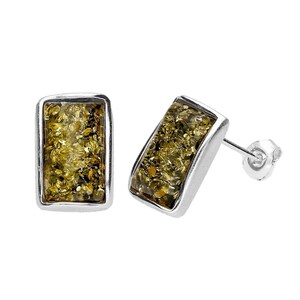 May include: A pair of rectangular stud earrings. Each earring has a silver frame holding a mosaic of olive-green and gold fragments. The earrings are displayed on a white background.