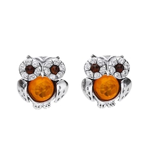 Earrings Silver and Baltic Amber Owl Stud