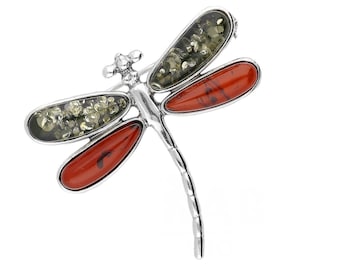 Brooch Silver and Multicolor Baltic Amber Dragonfly