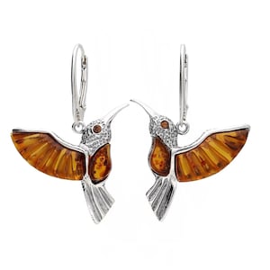 Earrings Silver and Baltic Amber Hummingbird