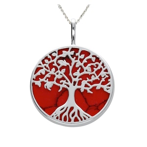 Pendant Necklace Silver and Red Coral Large Tree of Life