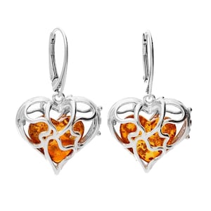 Drop Heart Earrings Silver and Baltic Amber