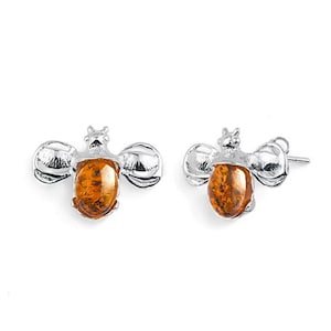 Earrings Stud Silver and Baltic Amber Bumblebee